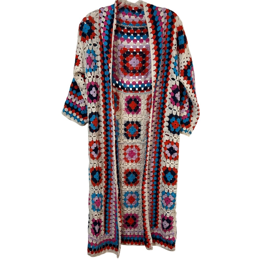 Multicolor Granny Square Crochet Duster Cardigan Boho 70s Festival Long